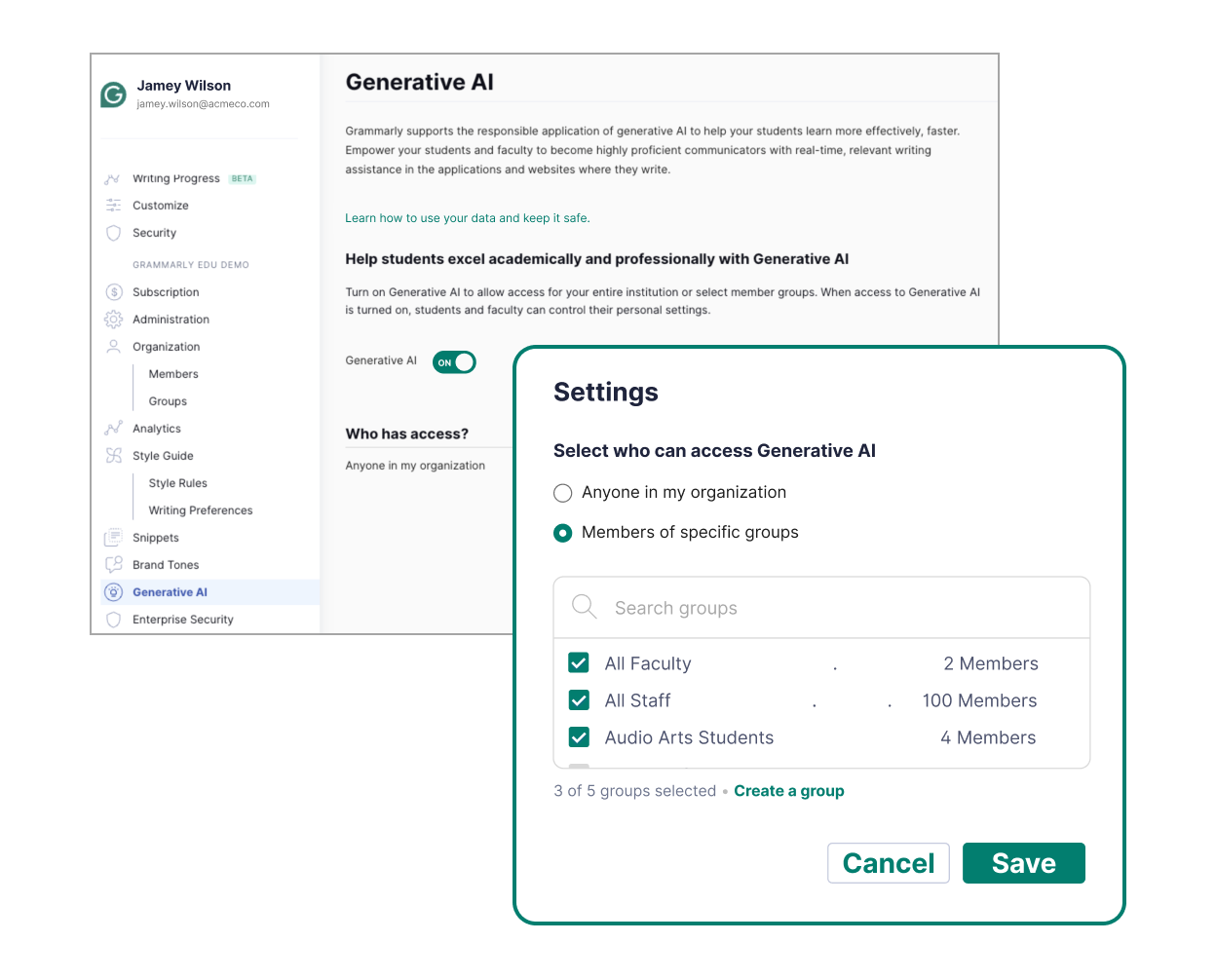 Grammarly generative AI settings for institutions