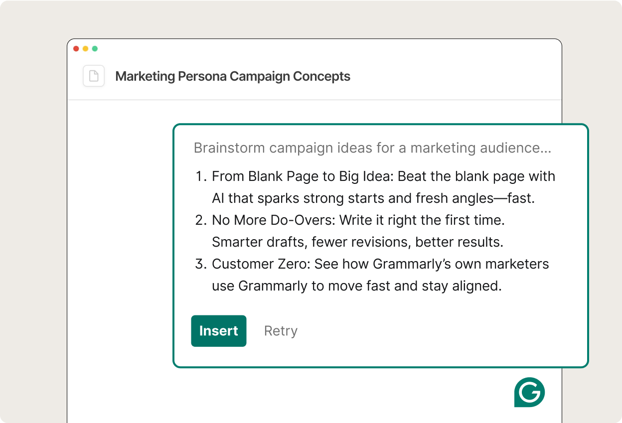 A user using Grammarly to brainstorm campaign ideas
