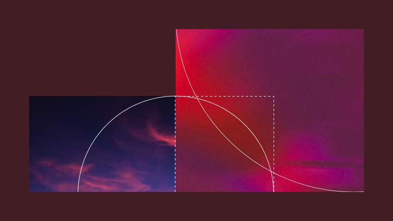 Rectangular abstract images and geometric lines set against a dark maroon background