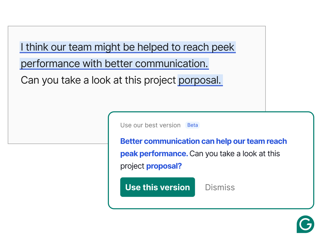 Grammarly suggesting a different version of text to use