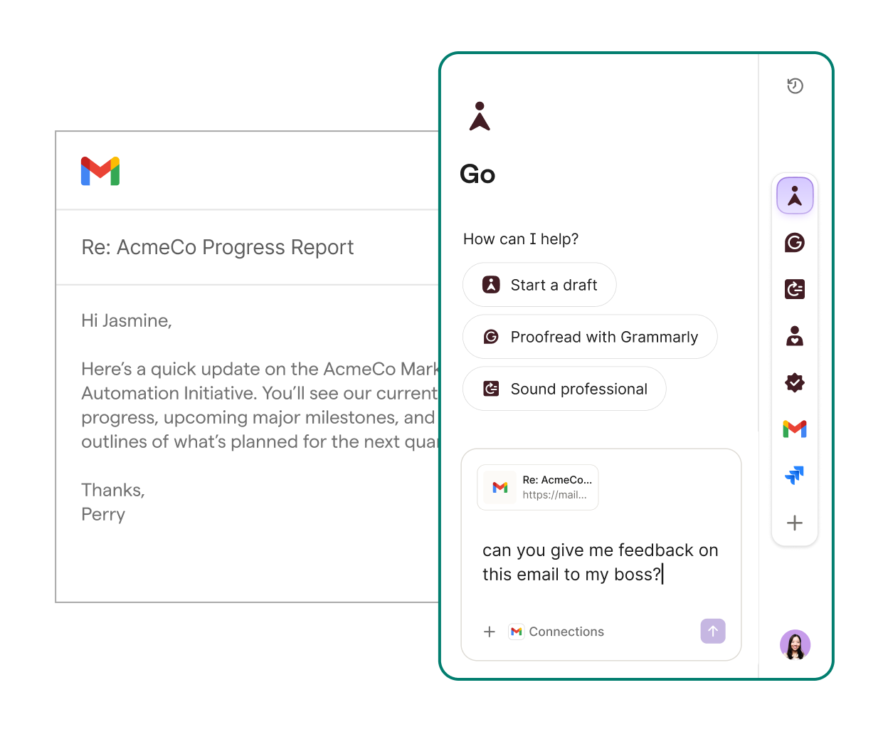 Official Grammarly Go panel beside a Gmail message titled Re: AcmeCo Progress Report, offering Start a draft, Proofread with Grammarly and Sound professional, with a typed request asking for feedback on an email to a boss