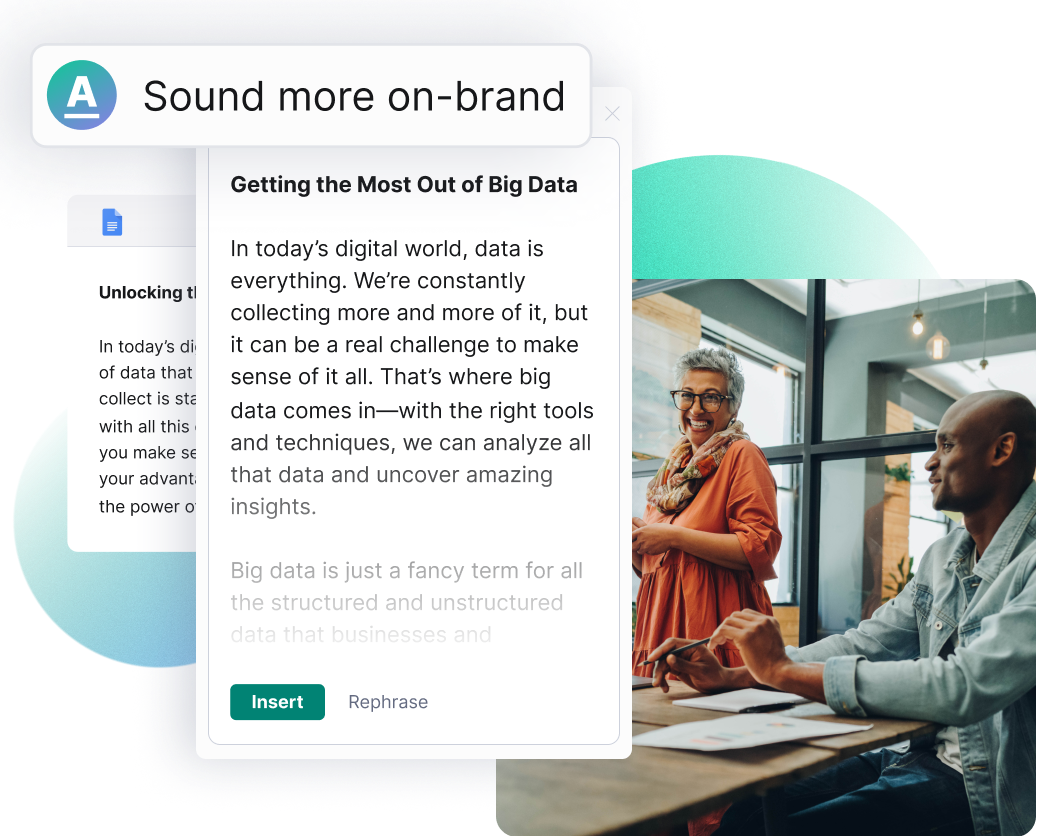 Colleagues smiling in an office overlaid with Grammarly product image.