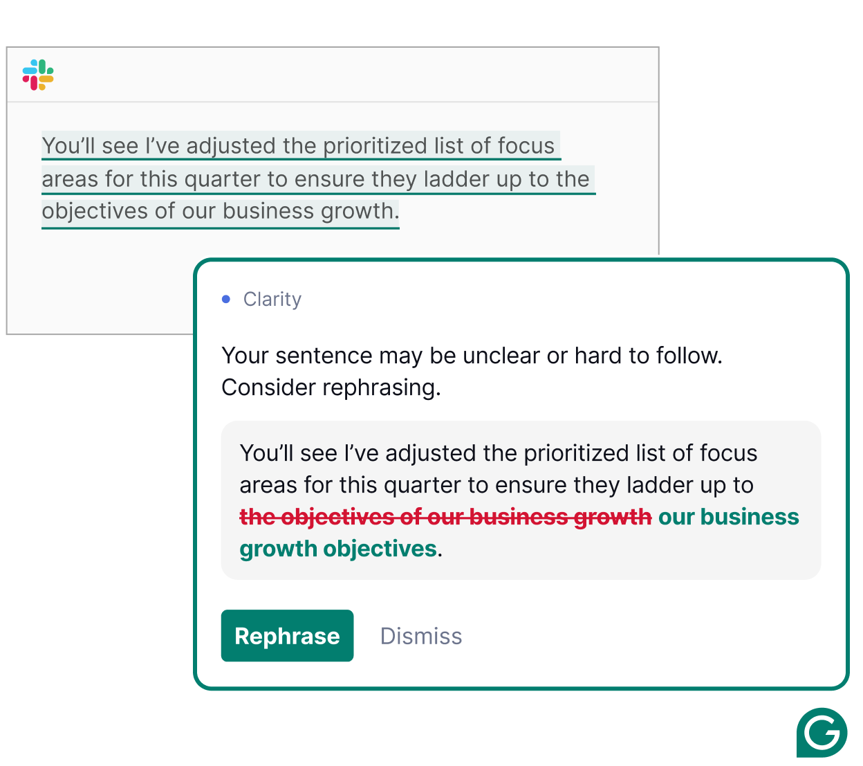 Example of Grammarly providing a clarity suggestion