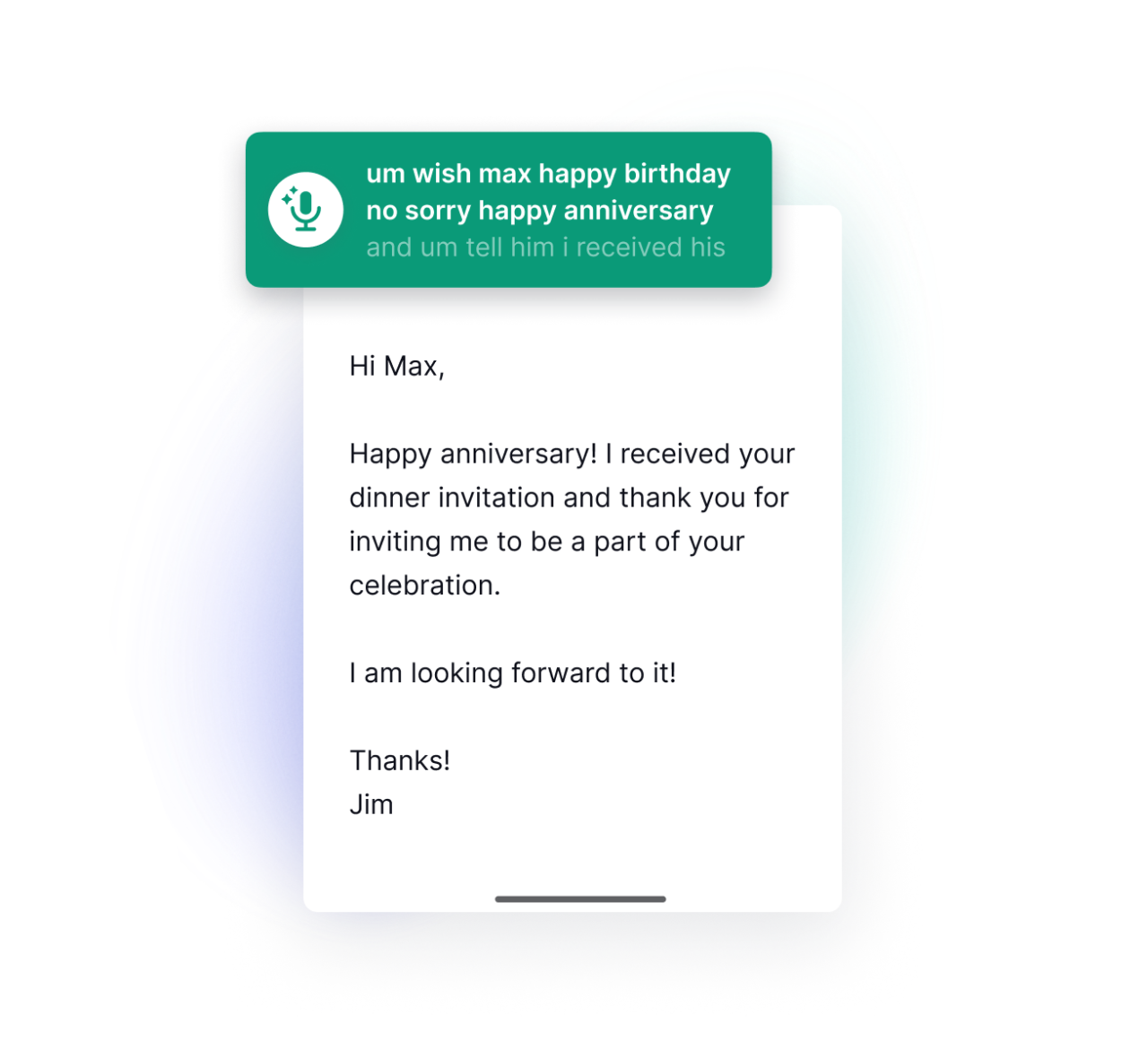 Example of how Grammarly voice compose can translate a message into a polished e-mail