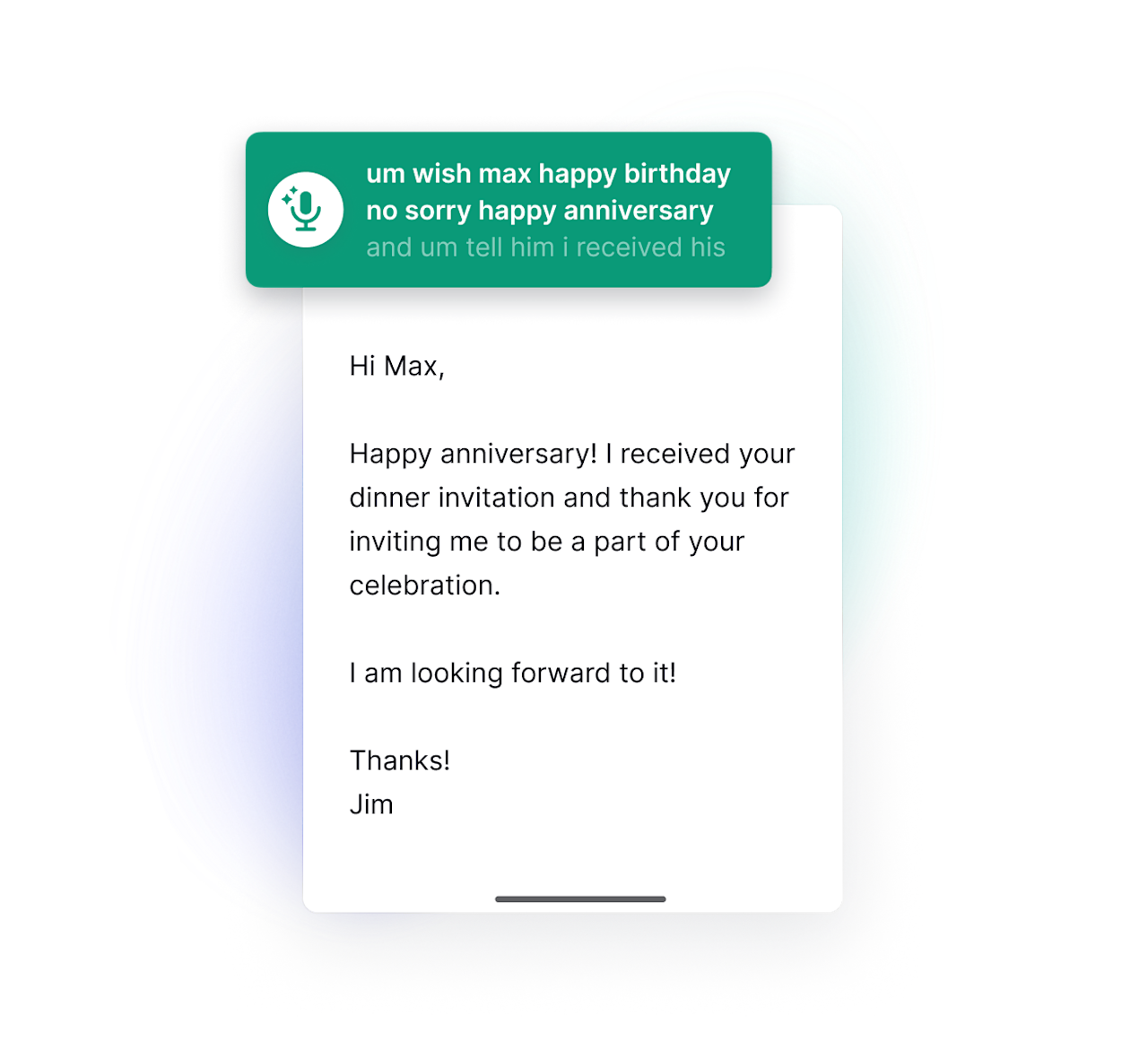 Example of how Grammarly voice compose can translate a message into a polished e-mail