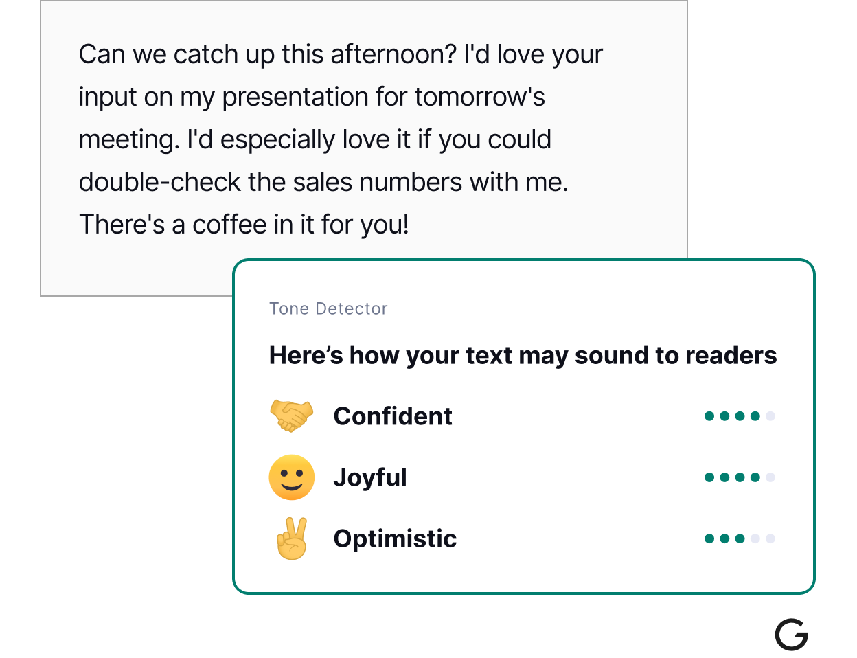 Grammarly showing how the tone of a message sounds
