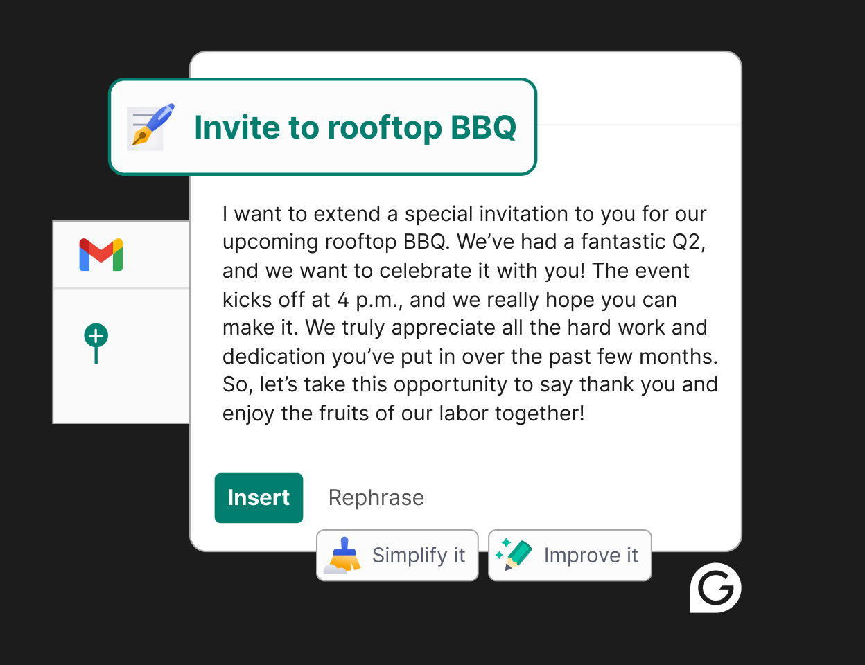 Prompt in Gmail to Grammarly to draft a message to invite to a party