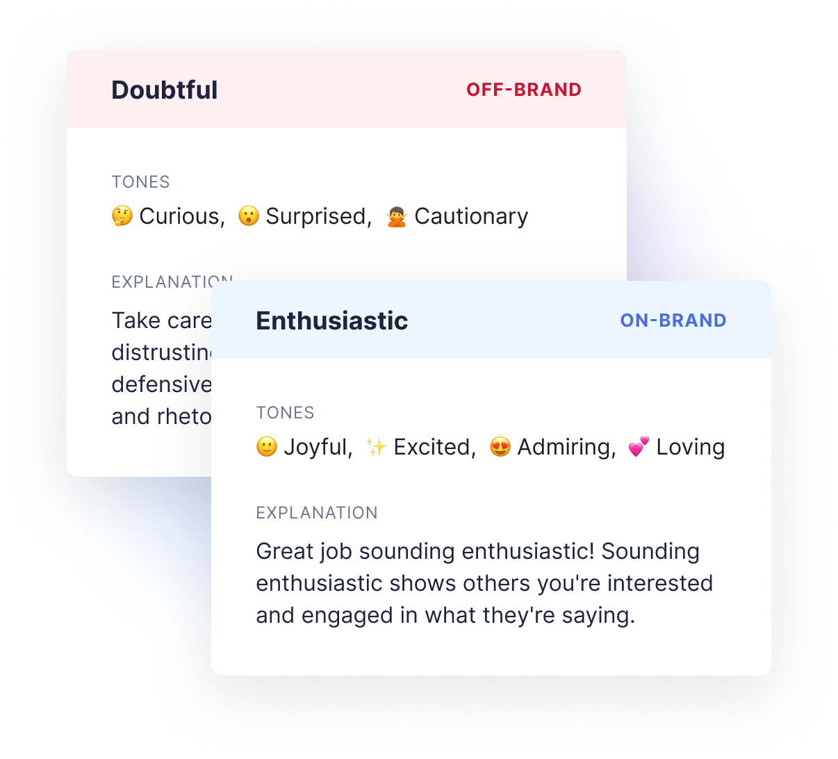 Grammarly shows on-brand and off-brand tones for your business