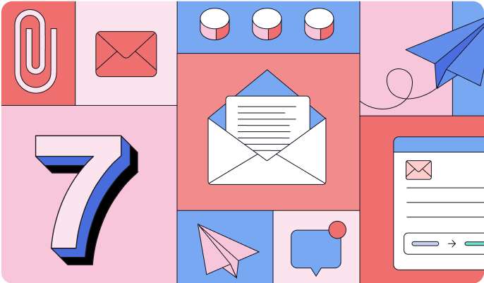 Illustration of envelopes, paper clips, paper airplanes, and the number seven. 