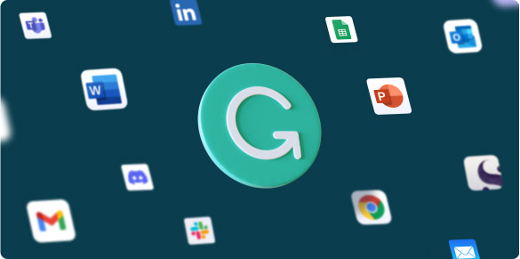 Grammarly logo surrounded by icons like Teams, Word, LinkedIn, Discord, Gmail, Slack, Chrome, etc.