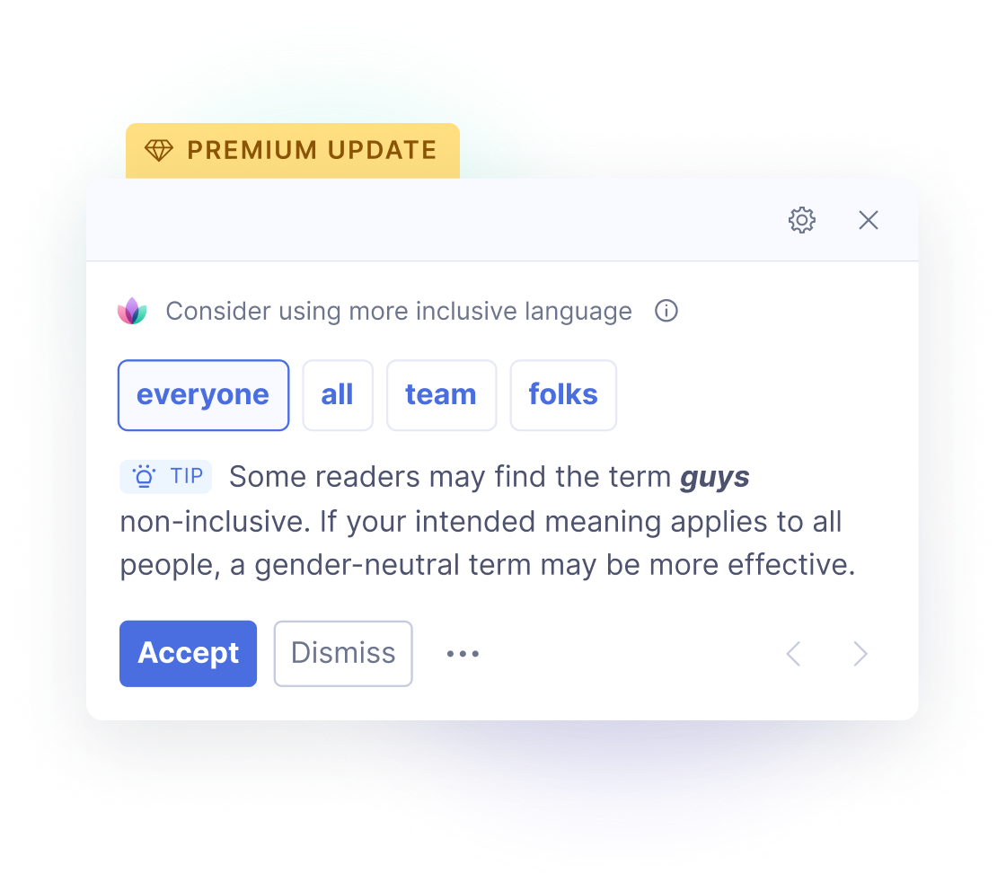 A window in which Grammarly suggests changing the term congressmen to congress members in order to be more inclusive. 