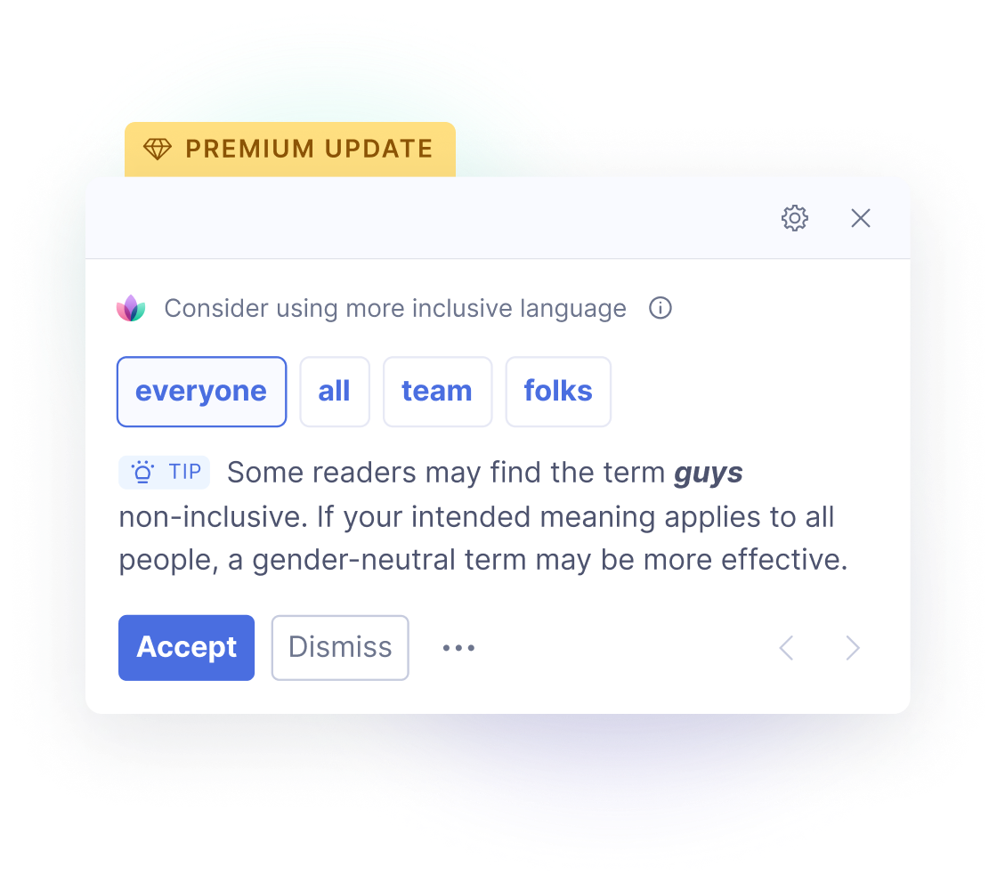 A window in which Grammarly suggests changing the term congressmen to congress members in order to be more inclusive.