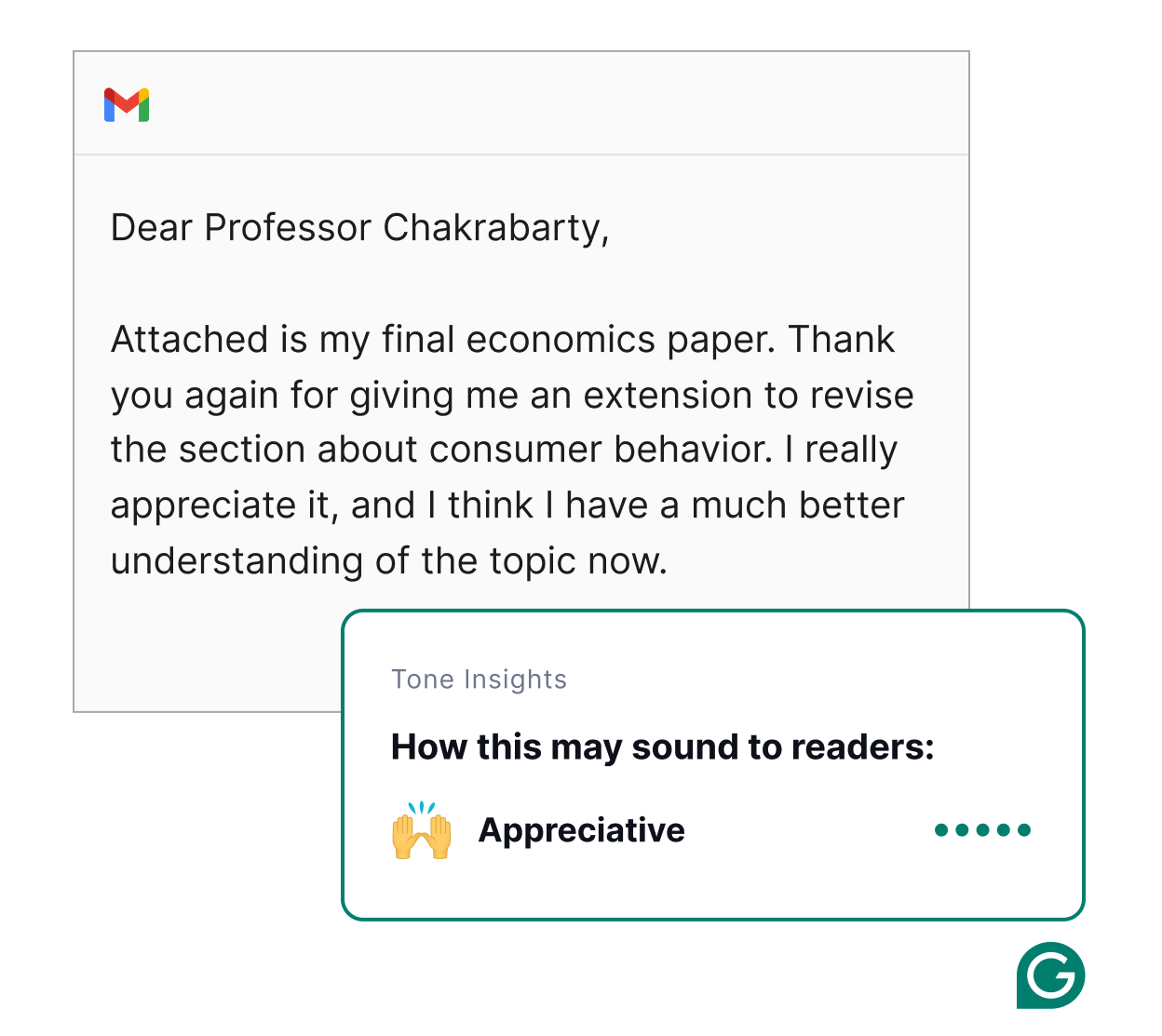 Gmail to a professor with Grammarly showing the tone of the email