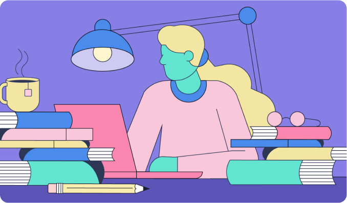 Illustration of a person working on a laptop surrounded by books
