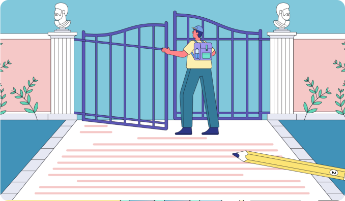 Illustration of iron gates opening to a college campus. 