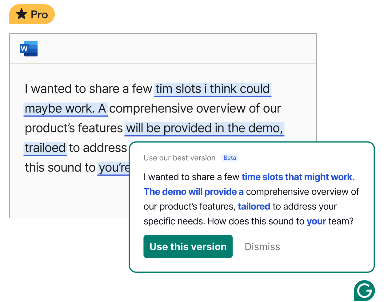 A Word document with text and Grammarly offering a suggested rewrite
