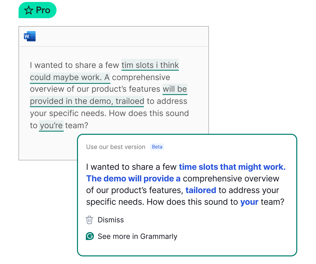 A Word document with text and Grammarly offering a suggested rewrite