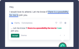 Grammarly suggesting a clarity correction in an Outlook e-mail