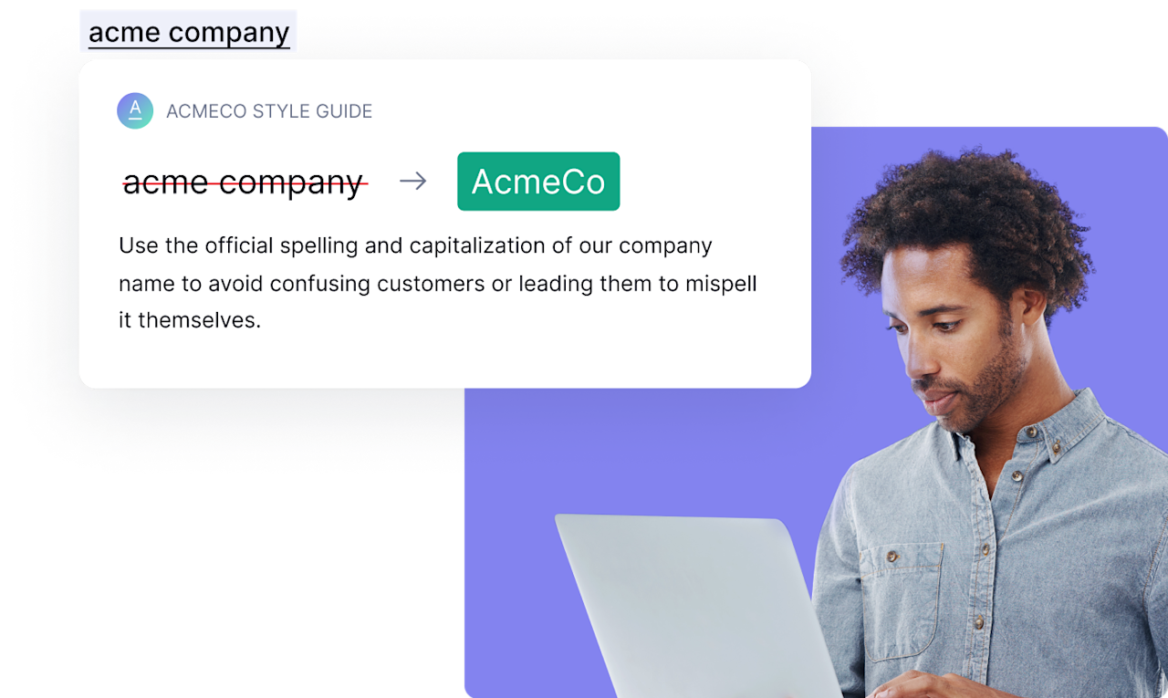 Man on laptop with a style guide recommendation from Grammarly