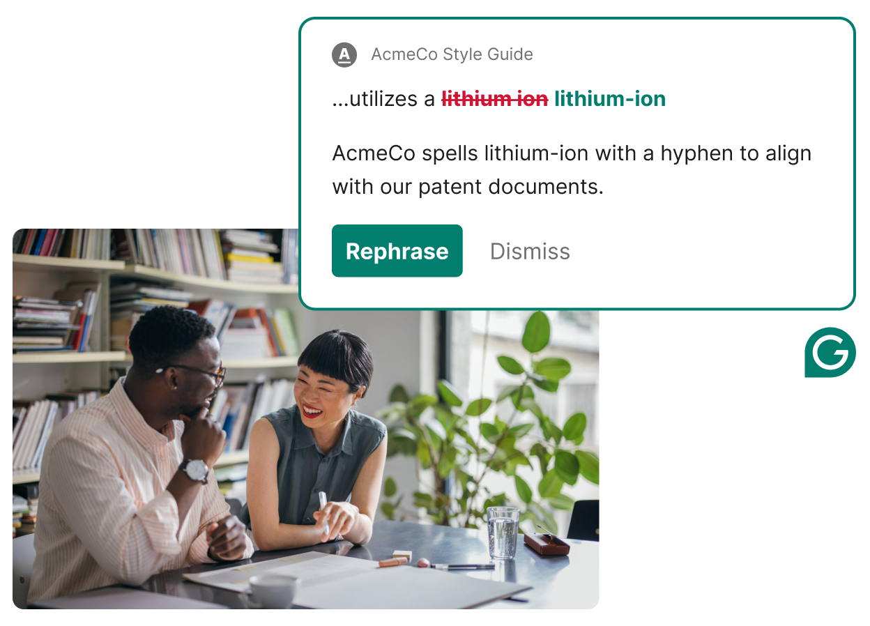 Two people smiling and working with an example of how Grammarly style guide works