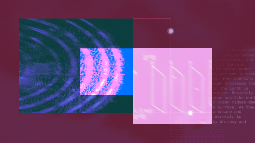 Geometric patterns set against a maroon background