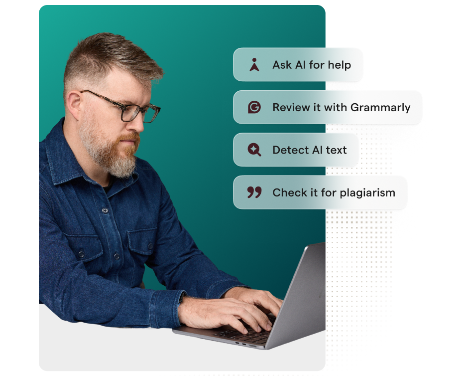 A person looking at a laptop screen with prompts from Grammarly to generate content