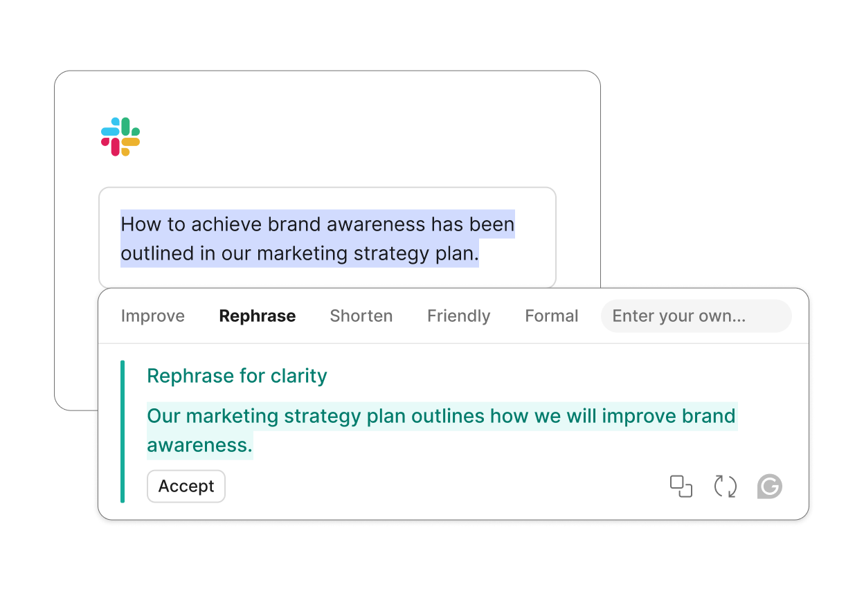 Grammarly showing that you can use AI to rephrase a Slack message