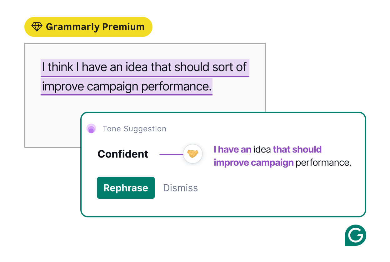 Grammarly rephrases your text to make you sound more confident