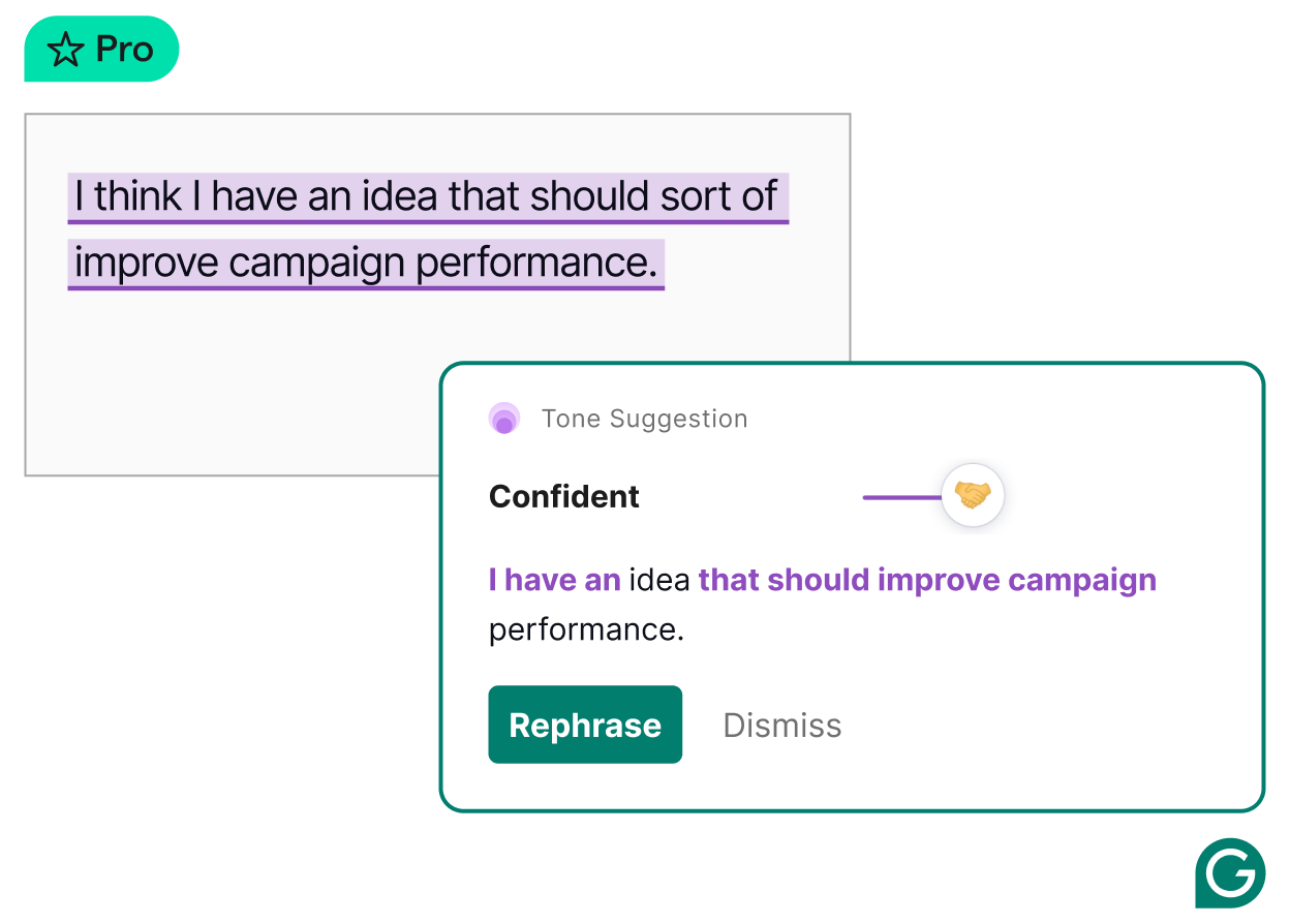 Grammarly rephrases your text to make you sound more confident