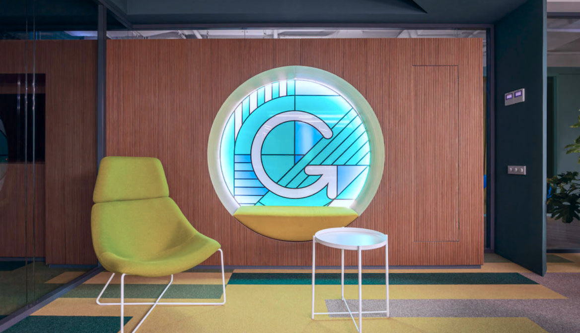 Stained glass window in Grammarly's Kyiv office. Photo credit © Victoriya Gibalenko.