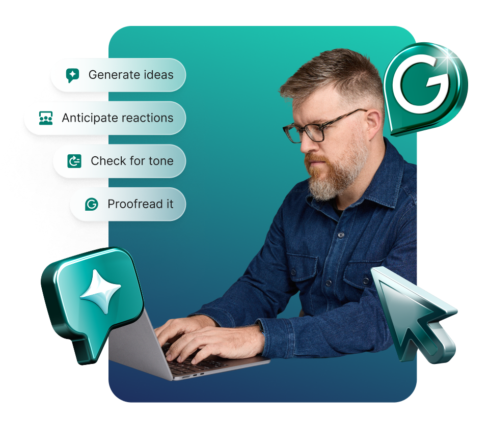 Man sits on computer and browsers core Grammarly features to improve his workflow - from Generate ideas to tone check to proofreading