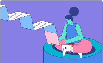 Illustration of a person sitting cross-legged and writing a long paper. 