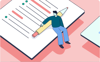 Illustration of a small person sitting atop a large paper holding a giant pencil. 