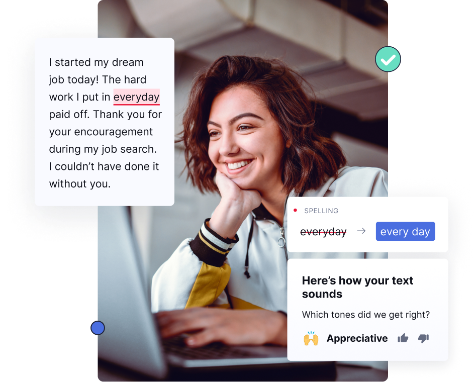 Woman smiling at computer with grammatical corrections