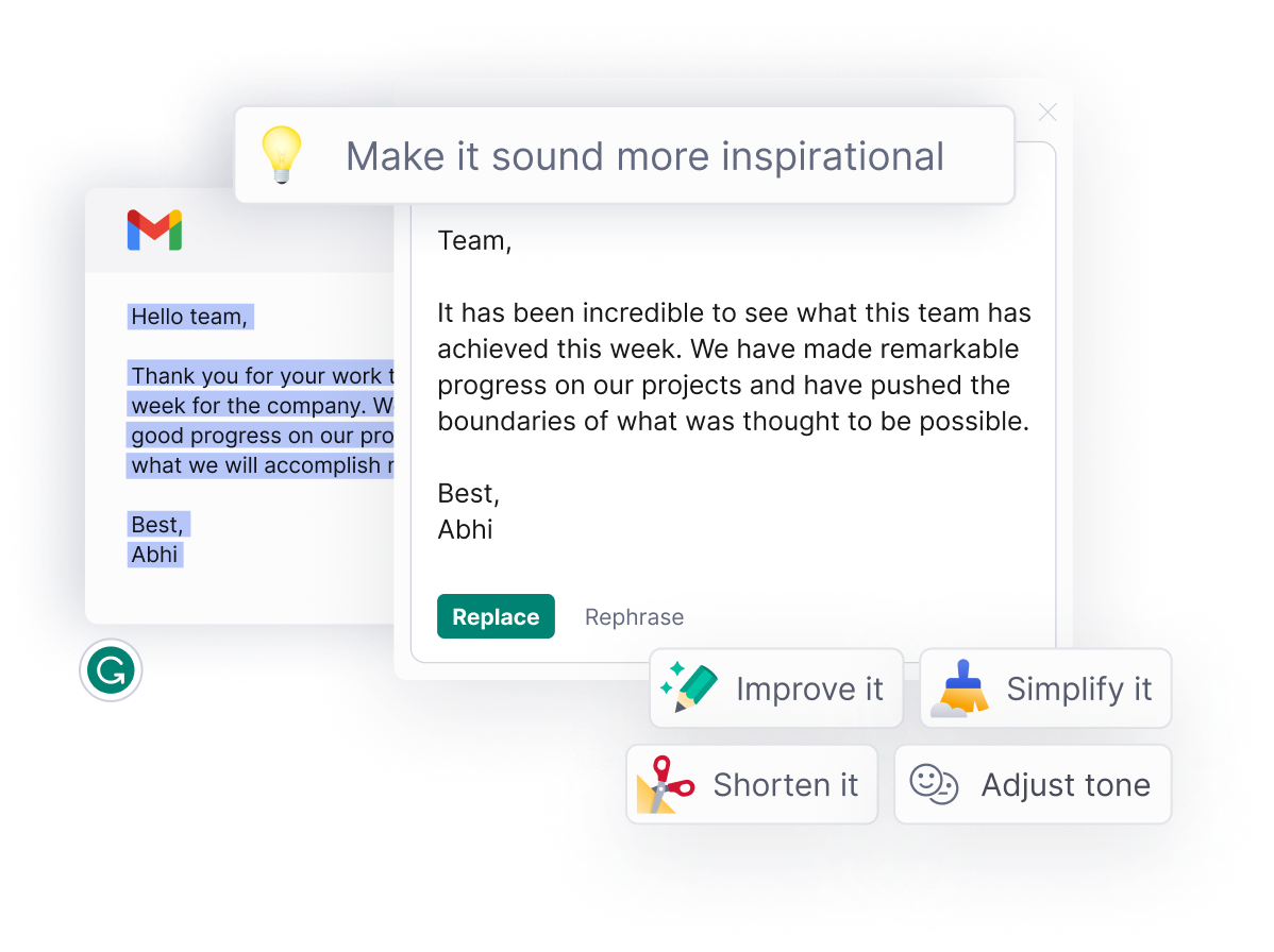 An e-mail from his boss to his team with prompts to make it sounds more inspirational using GrammarlyGO