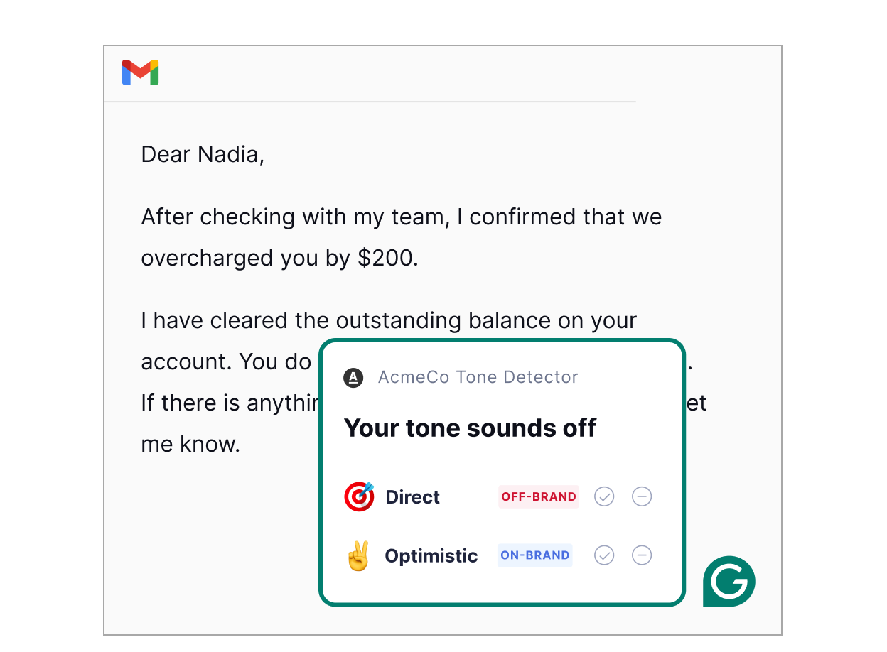 Example of how Grammarly can help employees sound on brand