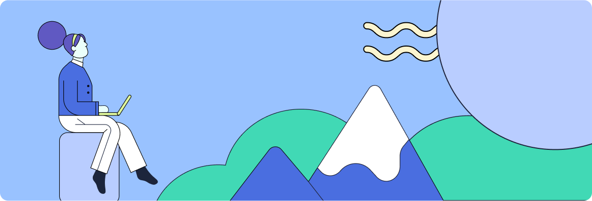 improve writing by Colorful graphic of a person writing next to a mountaintop.