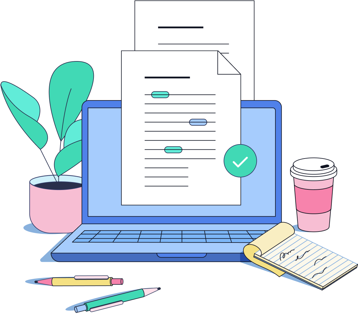 Illustration of a laptop surrounded by a notepad, coffee cup, plant and pens. 