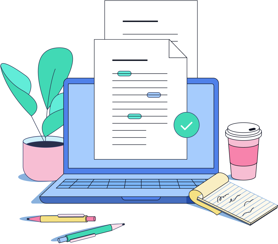 Illustration of a laptop surrounded by a notepad, coffee cup, plant and pens.