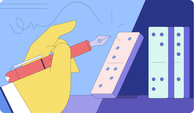 business plan writer ai Illustration of a hand with a pen writing on a domino piece
