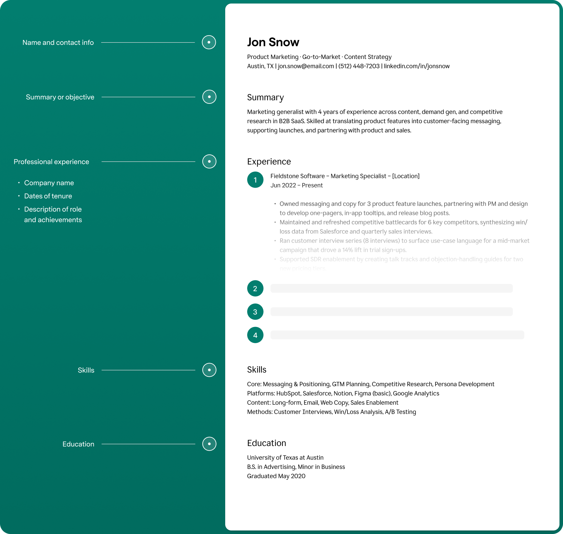 Resume builder section