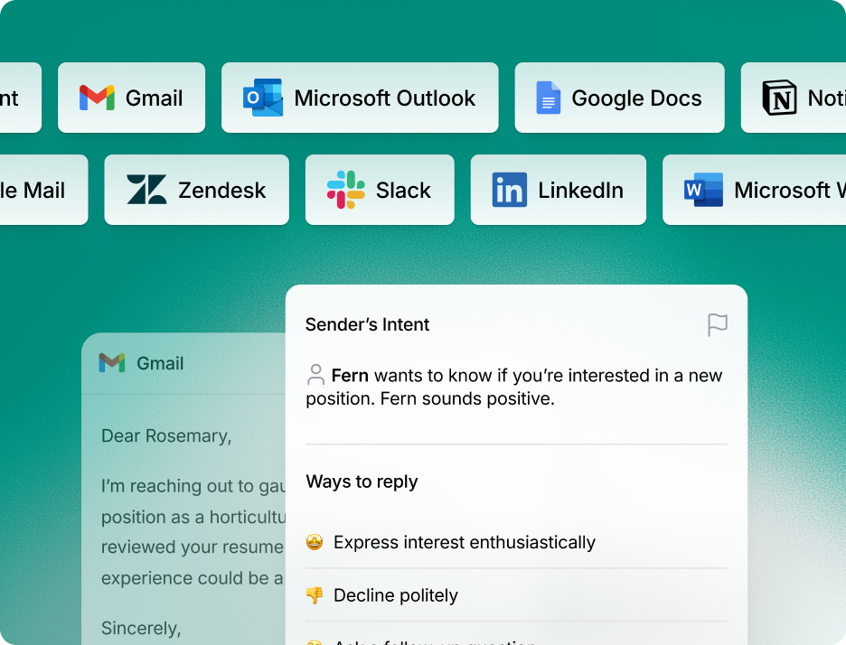 an example email with grammarly showing senders intent