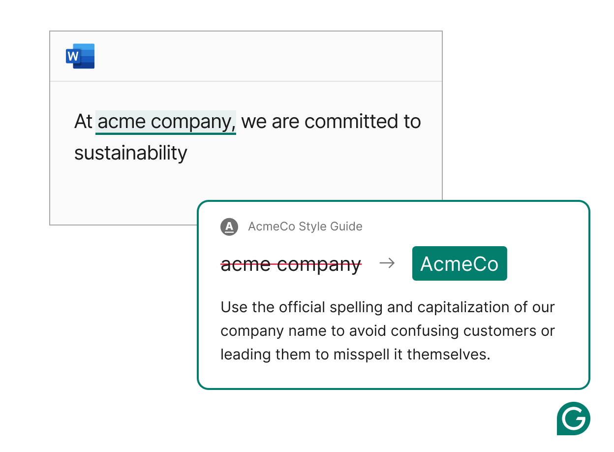 Grammarly Style Guide correcting the name of a company per the company style guide