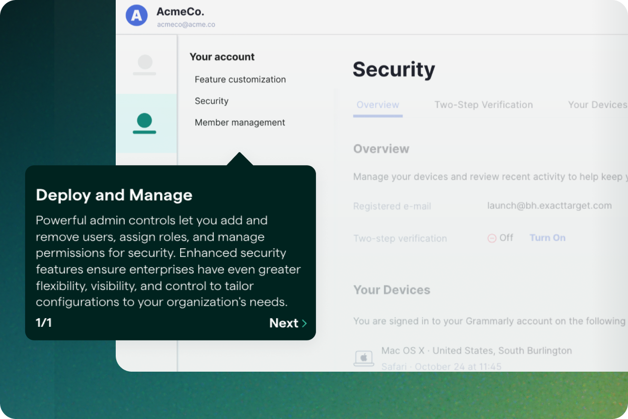 Admin view of Grammarly set up