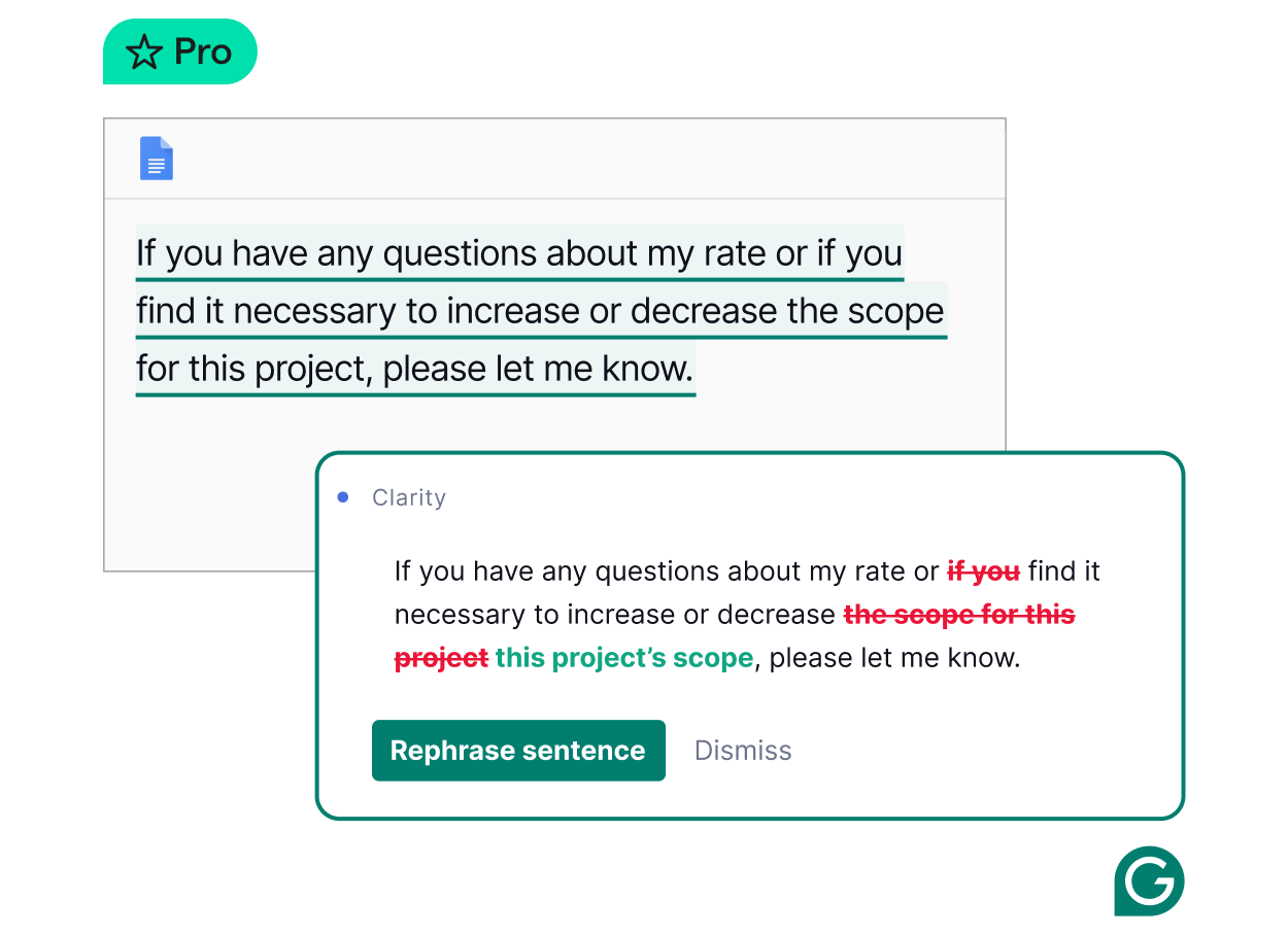 Grammarly offers rephrasing suggestions.