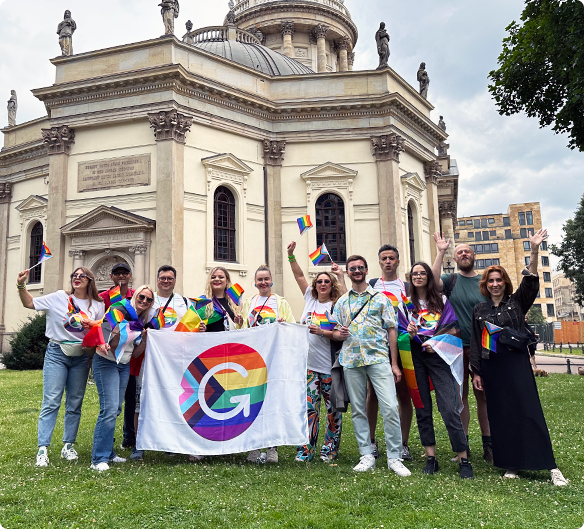Grammarly team attending the Christopher Street Day Berlin Pride demonstration