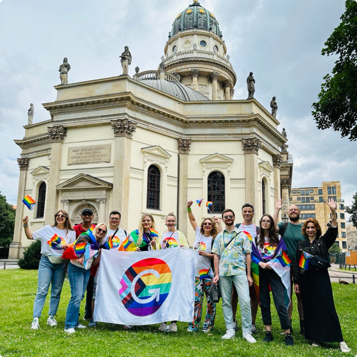 Grammarly team attending the Christopher Street Day Berlin Pride demonstration