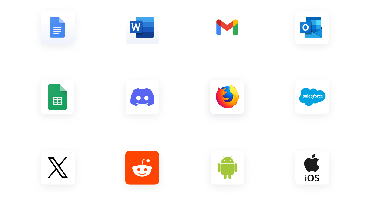 Icons for Google Docs, Microsoft Word, Gmail, Microsoft Outlook, Sheets, Discord, Firefox, Salesforce, X, Reddit, Android, Ios