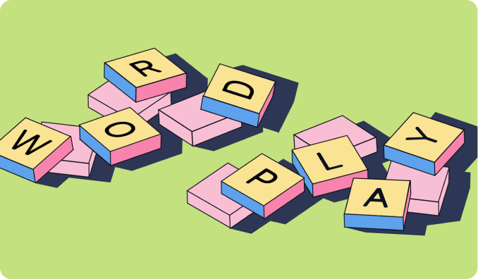 Illustration of letter tiles spelling the word Wordplay. 