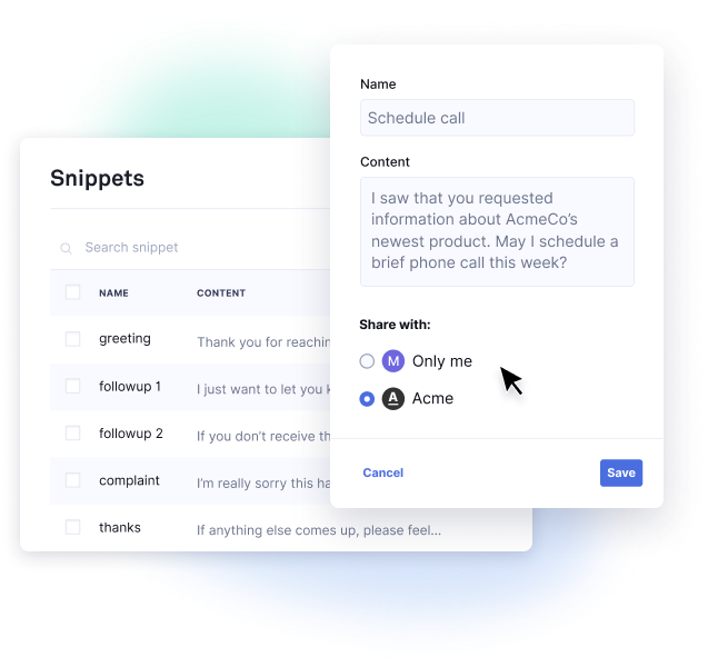 Example of how the snippet functionality can be used in the Grammarly product
